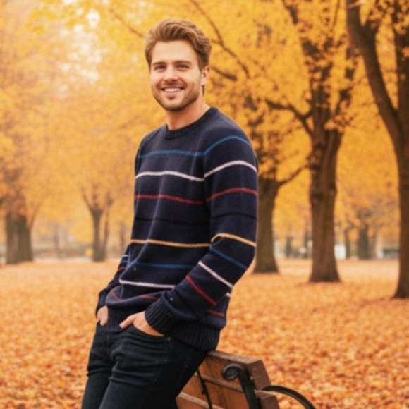 Todd Snyder 100% Wool Blue w Multicolored Horizontal Striped Men's Sweater Sz L - Picture 1 of 12